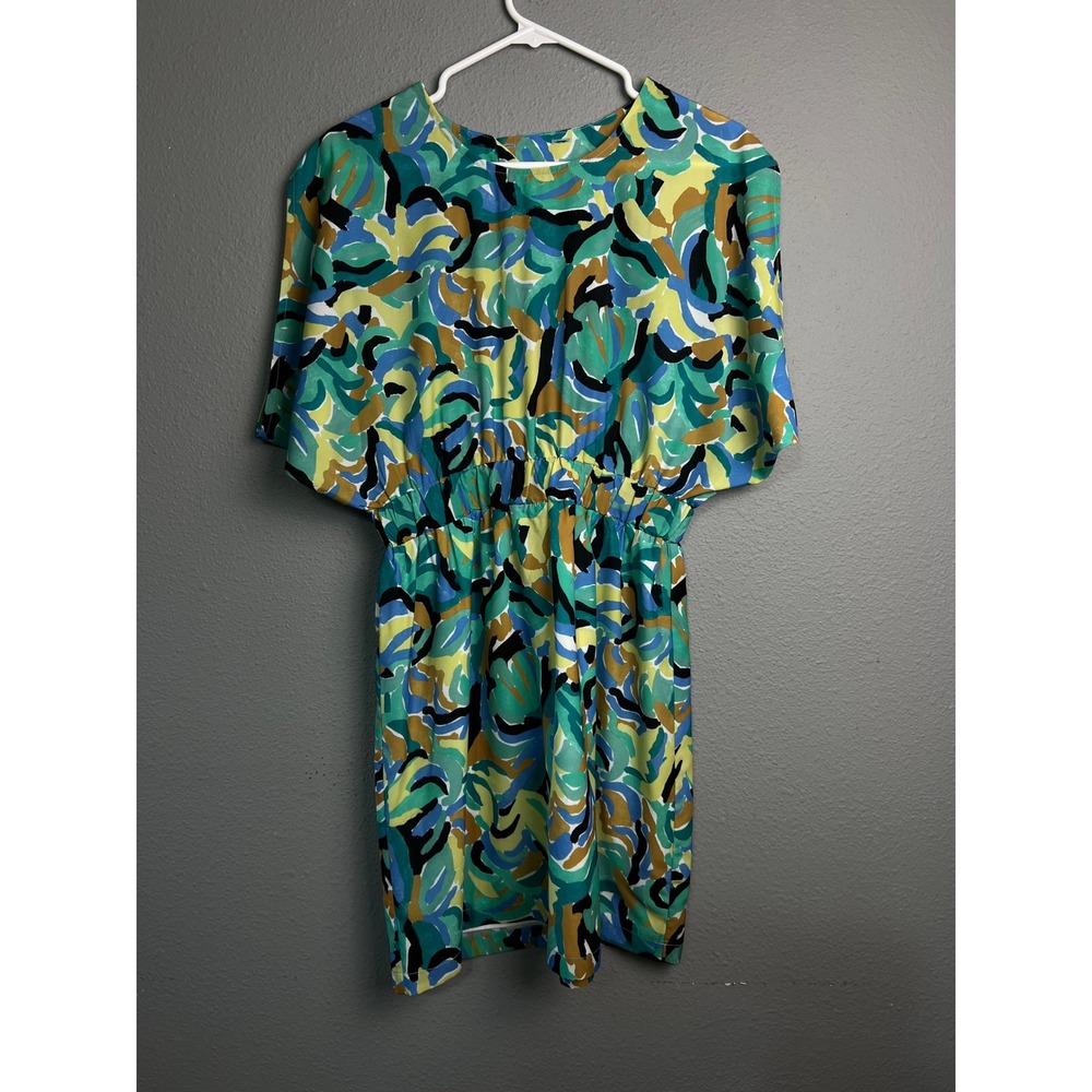 Lili Sidonio Abstract Print Mini Dress Green Blue XS Spring Back Cutout Elastic